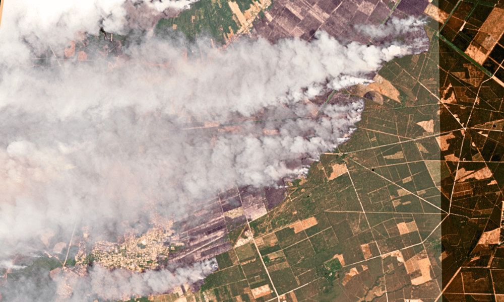 Image satellite haute définition de l'incendie de Saumos, en Gironde, le 24 juillet 2026 : le panache de fumée s'étire au-dessus des parcelles brûlées